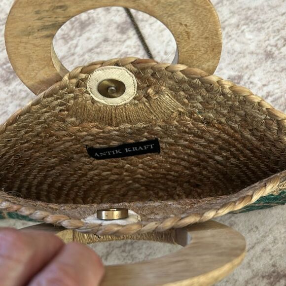 Antik Kraft Clutch Jute & Wood Handle Bag Floral Print Summer Beach Vibes - Picture 6 of 6